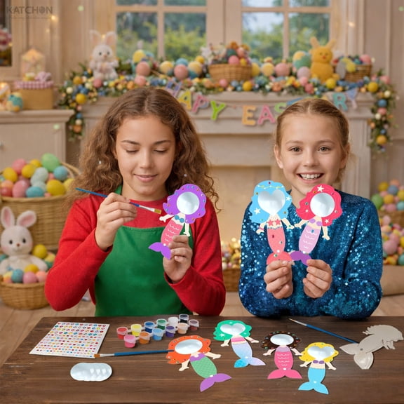 KatchOn, Easter Basket Mermaid Mirror Craft Kit for Kids - 40 Piece Complete Set | Easter Basket Stuffers for Kids DIY Paint Wooden Hand Mirror for Girls | Birthday Party Favors, Easter Basket Filler