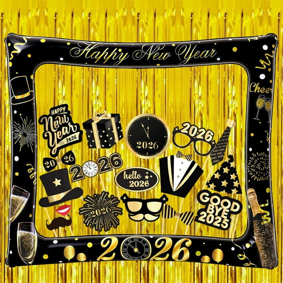 KatchOn, New Years Eve Photo Booth Frame Set - 30 Inch- Pack of 38  New Years Photo Booth Props for Happy New Years Decorations 2026 | Gold Foil Fringe Curtains, New Years Eve Party Supplies 2026
