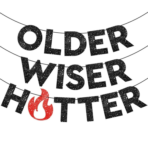 KatchOn Older Wiser Hotter Glitter Black Banner - 10 Feet, Reusable, Adult Birthday Decorations