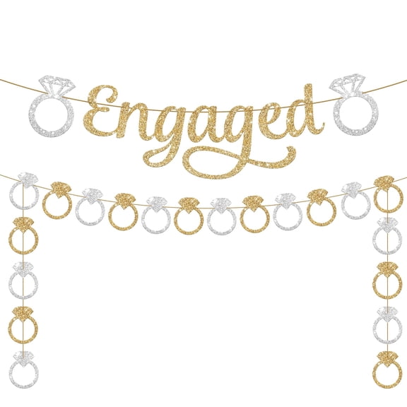 KatchOn, Pre-Strung Gold and Silver Glitter Engaged Banner - 2 String, 10 Feet, No DIY | Engagement Party Decorations | Banner for Bachelorette Party Decorations, Engagement Decorations