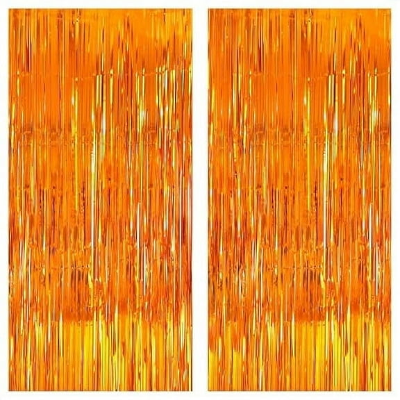 KatchOn, Shiny Orange Fringe Backdrop Curtain - 3.2x8 Feet, Pack of 2 | Foil Orange Backdrop | Orange Streamers for Orange Basketball Party Decorations | Orange Party Decorations | Orange Decorations