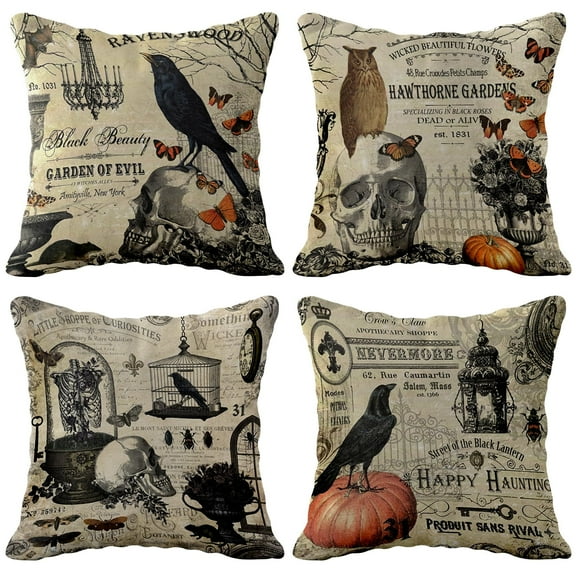 KatchOn, Vintage Halloween Pillow Covers - 18x18 Inch, Pack of 4 | Skull Throw Pillow Covers | Pumpkin halloween Cushion Covers | Decorations Indoor, Crow Pillow Covers