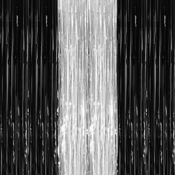 KatchOn, XtraLarge Black and Silver Backdrop - 3.2x8 Feet, Pack of 3 | Black and Silver Foil Curtain for Black and Silver Party Decorations | Silver Fringe for New Years Eve Party Supplies 2026