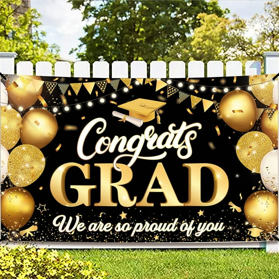 KatchOn, XtraLarge Congrats Grad Banner - 72x44 Inch, Graduation Banner | Congratulations Backdrop | Black and Gold We Are So Proud Of You Backdrop | Graduation Decorations 2025