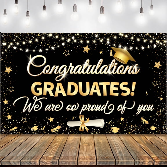 KatchOn, XtraLarge Congrats Grad Banner - 72x44 Inch, Graduation Banner | Congratulations Backdrop | Black and Gold We are So Proud of You Backdrop | Graduation Decorations 2026