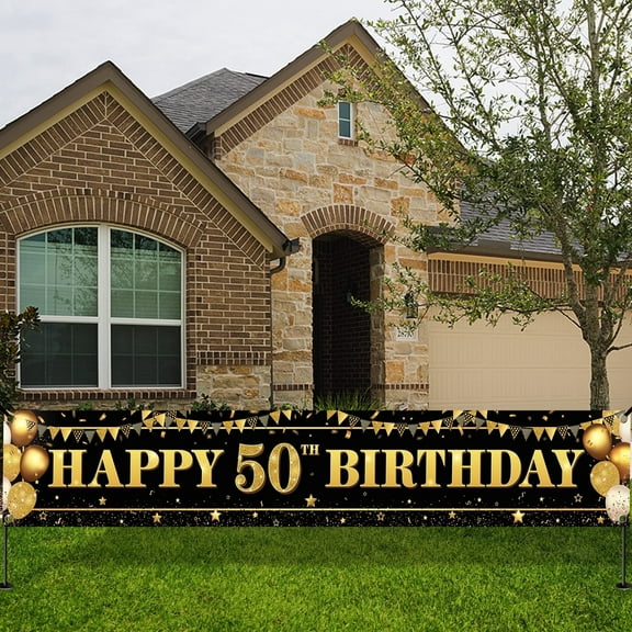 KatchOn, XtraLarge Happy 50th Birthday Yard Banner - 120x20 Inch | Black and Gold 50th Birthday Banner for Men | 50th Birthday Yard Decorations Men, Over The Hill 50th Birthday Decorations for Women