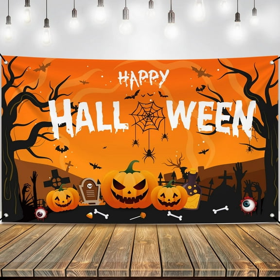 KatchOn, XtraLarge Happy Halloween Banner - 72x44 Inch | Spooky Happy Halloween Backdrop | Orange and Black Halloween Party Decorations | Halloween Pumpkin Banner for Halloween Decorations Outdoor