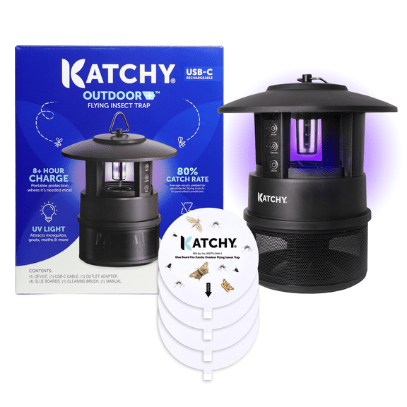 Katchy Outdoor + with Rechargable Battery Insect Trap - Fan Powered with UV Light - for Fruit Flies, Gnats, Mosquitoes, Moths
