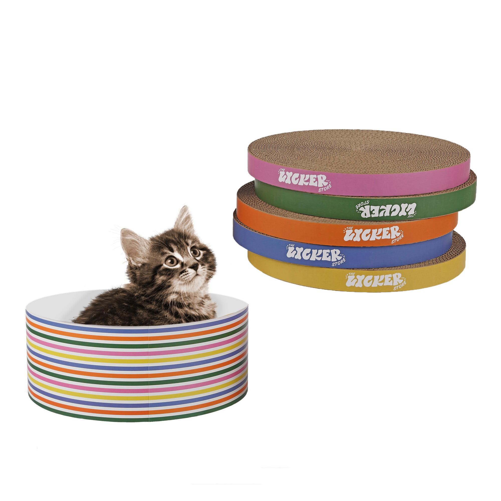 THE LICKER STORE Kate 12" Modern Patterned Cardboard Reversible Cat Scratcher Pad in Box with Catnip, Multi-Colored (5-Pack)