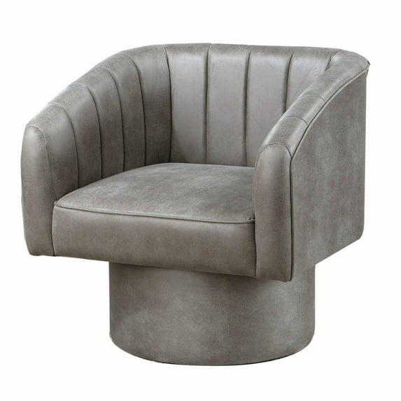 Kate 30 Inch Accent Chair 360 Swivel Seat Vegan Faux Leather Light Gray - Saltoro Sherpi