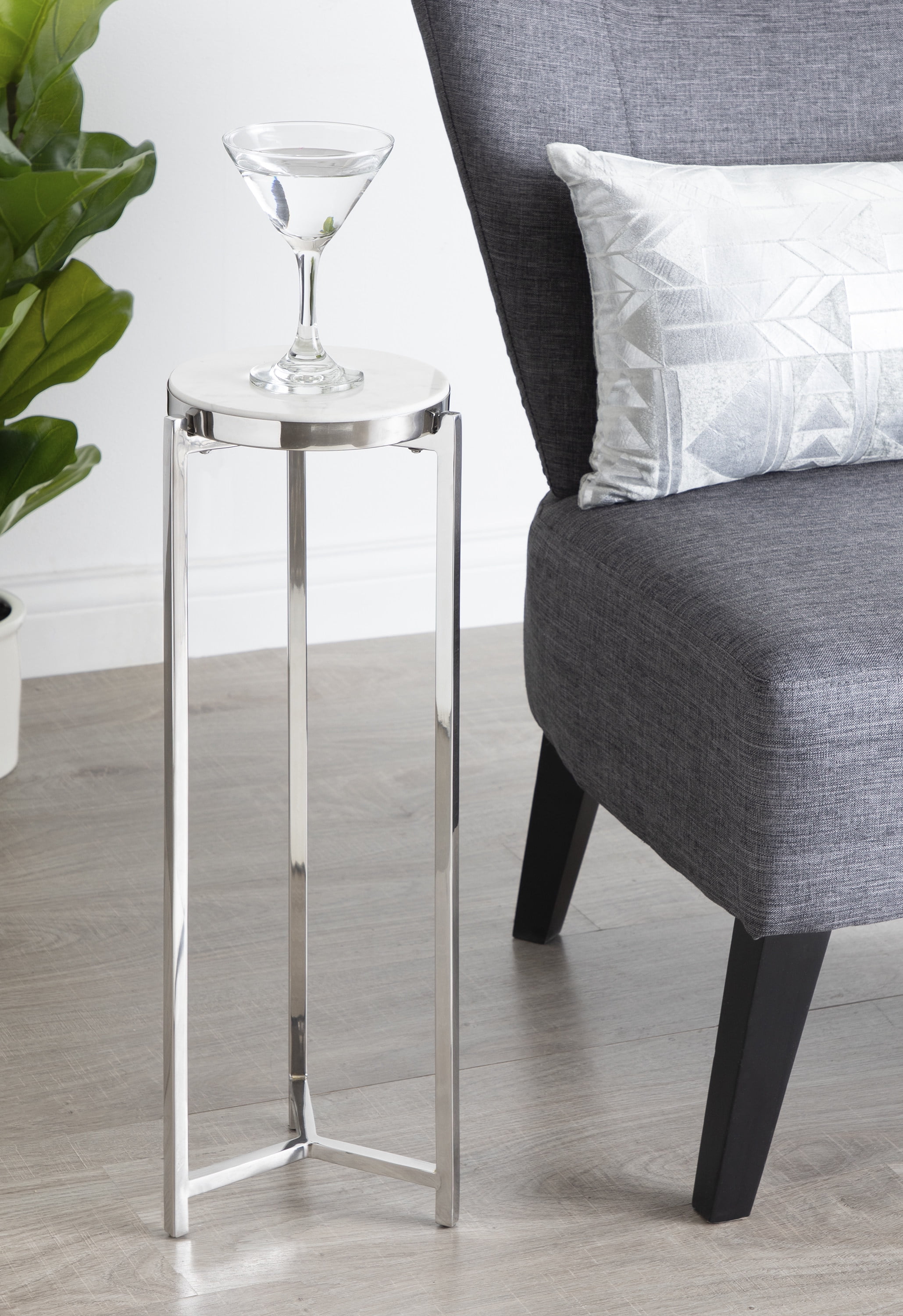 Elegant Silver and White Round Stone Top Drink Table