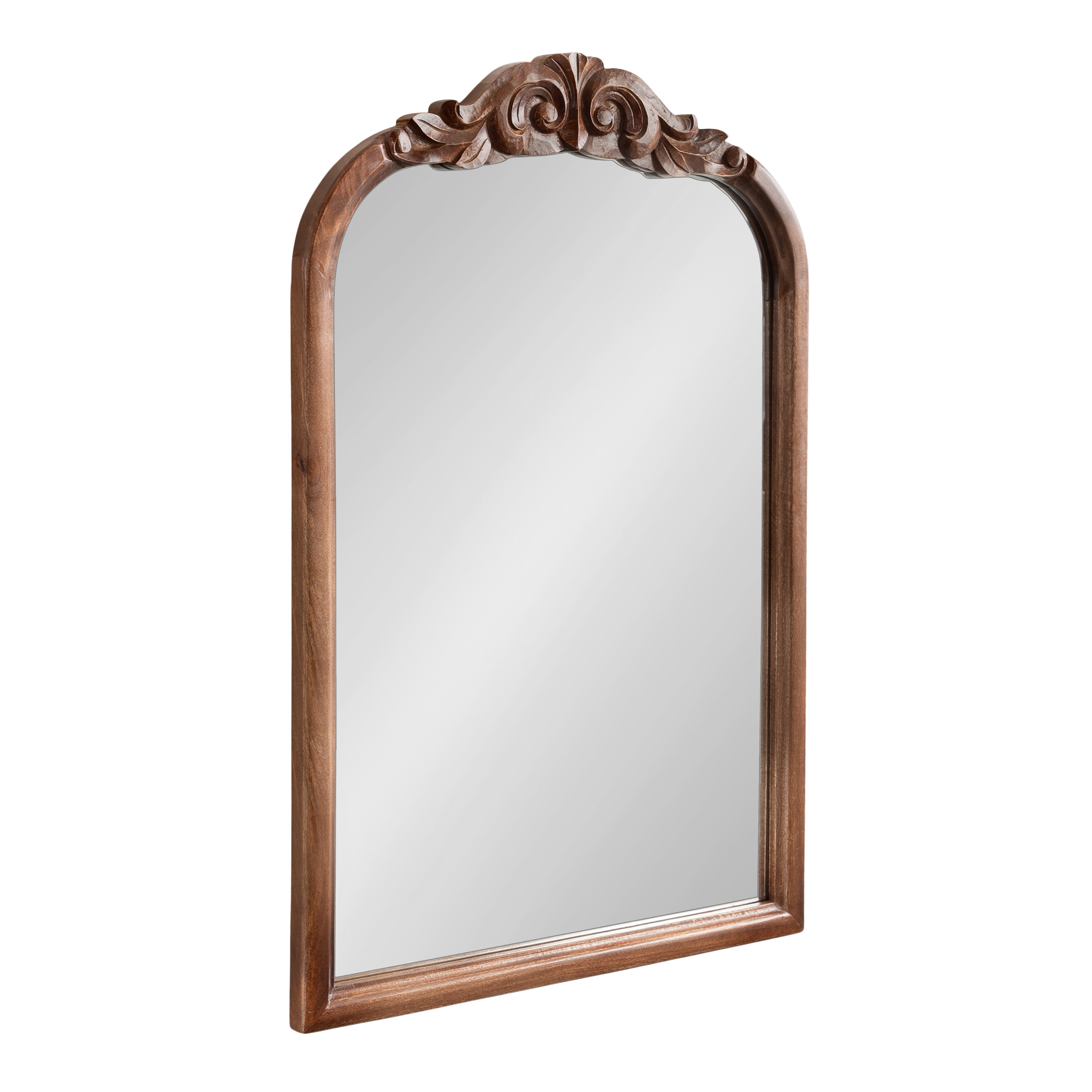 Walnut Brown Baroque-Inspired Wooden Arched Vanity Mirror 24x36