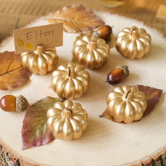Kate Aspen 12pcs Fall Decor Gold Pumpkin Place Card Holder, Place Settings, Perfect for Thanksgiving Table Decor, Fall Themed Weddings, Bridal Brunches (Place Cards Included)