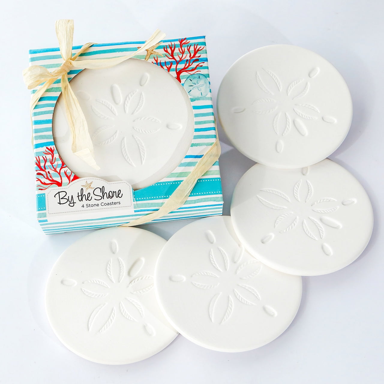 Kate Aspen Absorbent Sand Dollar Drink Coasters Set of 4 Coastal Decor, Nautical Home Decorations, Housewarming Gift, & Beach Themed Coasters for Drinks