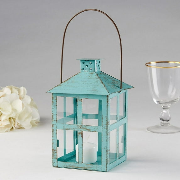 Kate Aspen Blue Decorative Lantern, Set of 2, Vintage Metal Distressed Large Rustic Candle Holder Decoration Lantern, Centerpiece for Wedding Table, Accent Piece & Party Favor