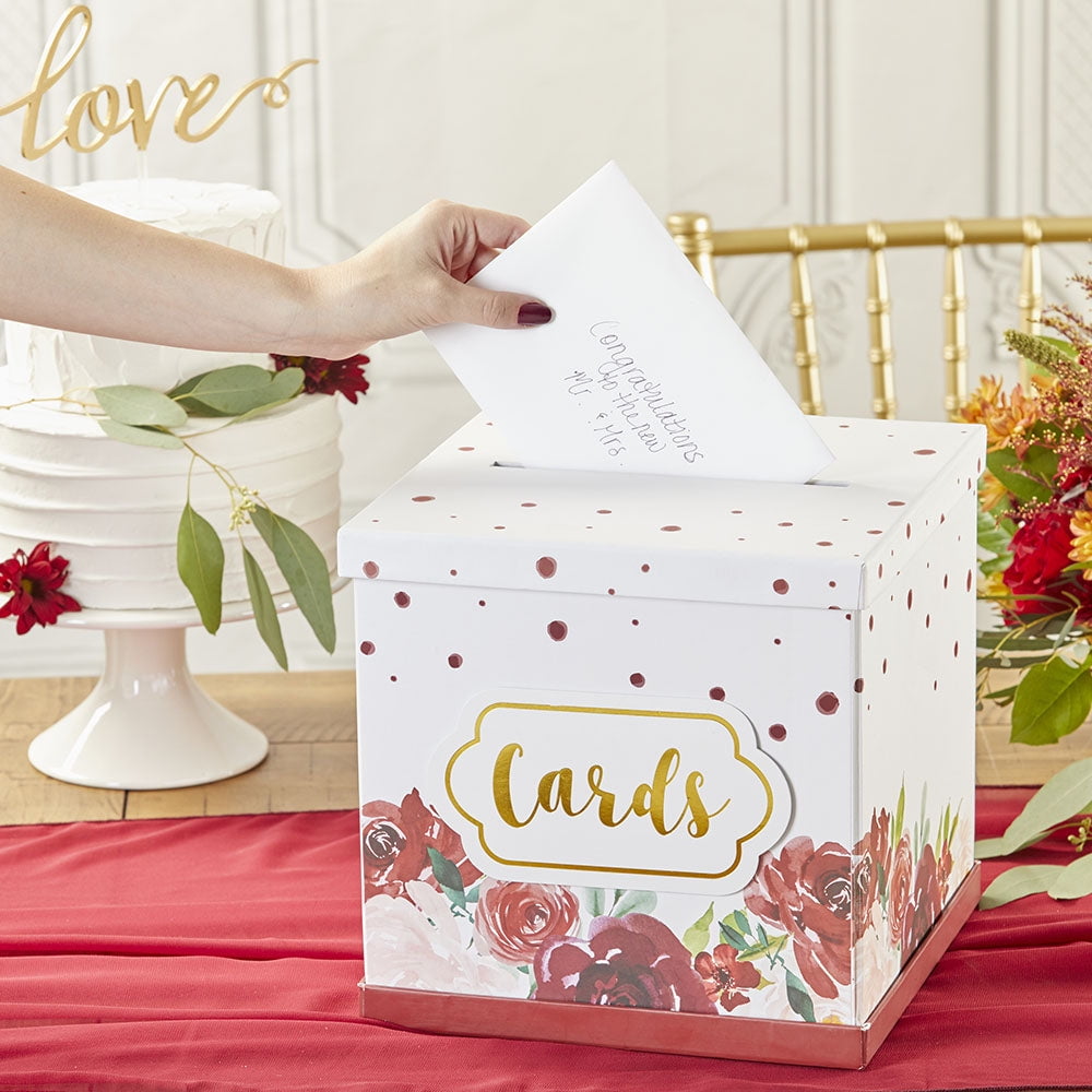 Kate Aspen Burgundy Blush Floral Collapsible Gift/Wedding Card Box, Money Box, Wedding Decorations For Reception - Also Perfect for Baby Showers, Birthdays, Graduation