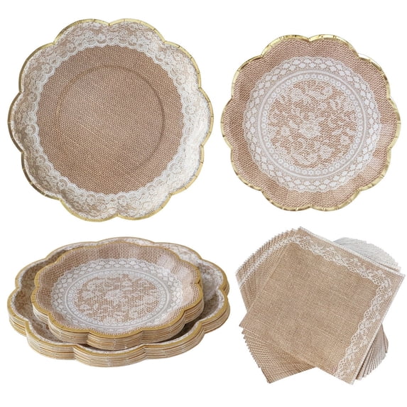 Kate Aspen Burlap & Lace Party Decorations - 62 Piece Rustic Bridal Shower and Wedding Tableware Set for 16 Guests - Disposable Floral Paper Plates and Napkins Party Supplies