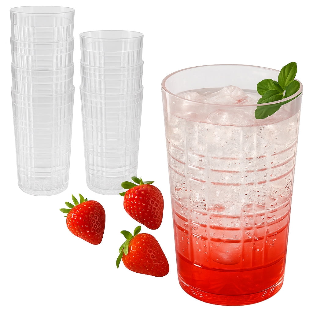 Kate Aspen Clear Plaid Acrylic Glasses Drinkware, Plastic Drinking Glasses Set of 8, 22 oz, Tumblers & Water Glasses Dishwasher Safe, BPA-Free Plastic Cups Reusable for Kithchen, Outdoor, Patio