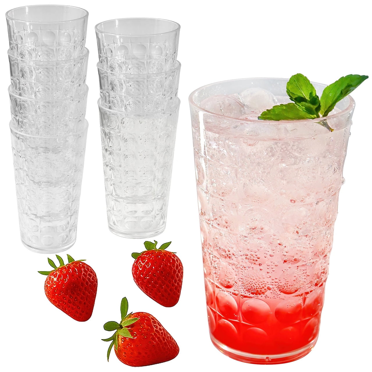 Kate Aspen Clear Plastic Drinking Glasses Set of 8, 19 oz, Hobnail Bubble Acrylic Glasses Drinkware, Plastic Tumblers Cups Dishwasher Safe, BPA-Free Acrylic Cups Reusable for Cocktails and Kitchens