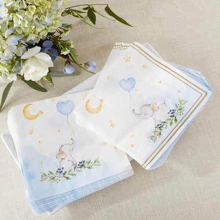Kate Aspen Decorative 2 Ply Paper Napkins - Set of 60 - 6.5 Inch Durable Disposable Serveware, Easy Cleanup for Birthday, Baby Shower, Children Party (Bulk) - Elephant, Blue