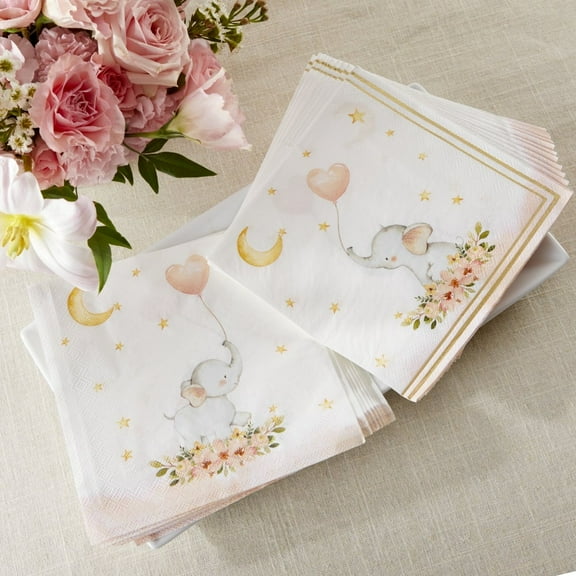 Kate Aspen Decorative 2 Ply Paper Napkins - Set of 60 - 6.5 Inch Durable Disposable Serveware, Easy Cleanup for Birthday, Baby Shower, Children Party (Bulk) - Woodland Baby, Pink