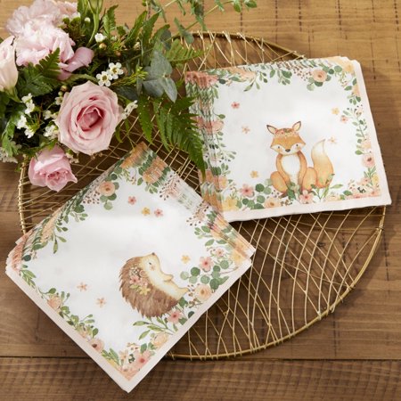 Kate Aspen Decorative 2 Ply Paper Napkins - Set of 60 - 6.5 Inch Durable Disposable Serveware, Easy Cleanup for Birthday, Baby Shower, Children Party (Bulk) - Woodland Baby, Pink