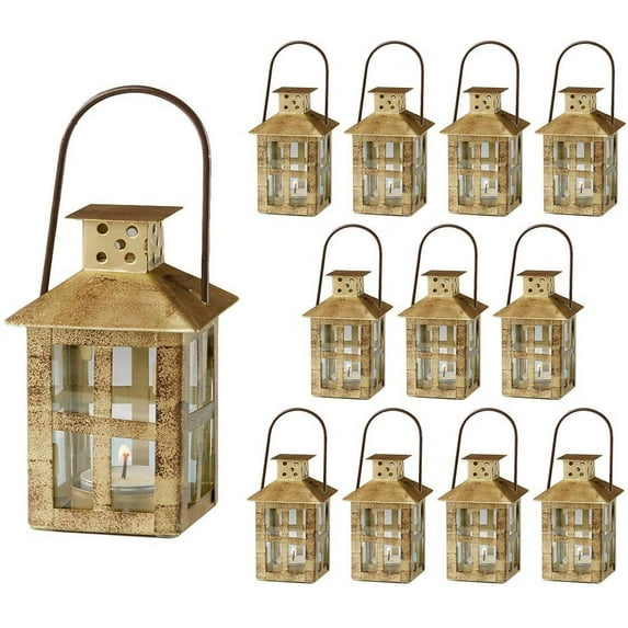 Kate Aspen Decorative Lanterns -Set of 12 - Distressed Metal Vintage Mini Wedding Lantern, Centerpiece for Wedding Table, Accent Piece and Home Decor, Wedding Favors and Baby Shower Favors (Gold)