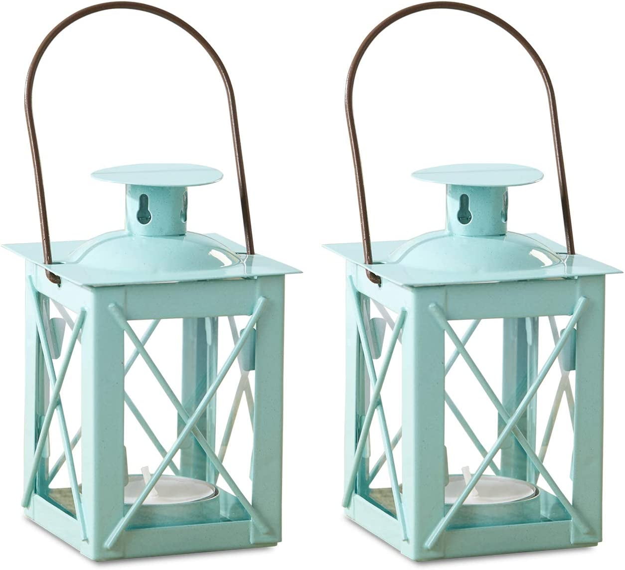 Kate Aspen Decorative Lanterns - Set of 2 - Luminous Metal Lantern Tealight Candle Holders for Wedding, Home Decor and Party - 4.5" H (6.5" H with Handle) Blue