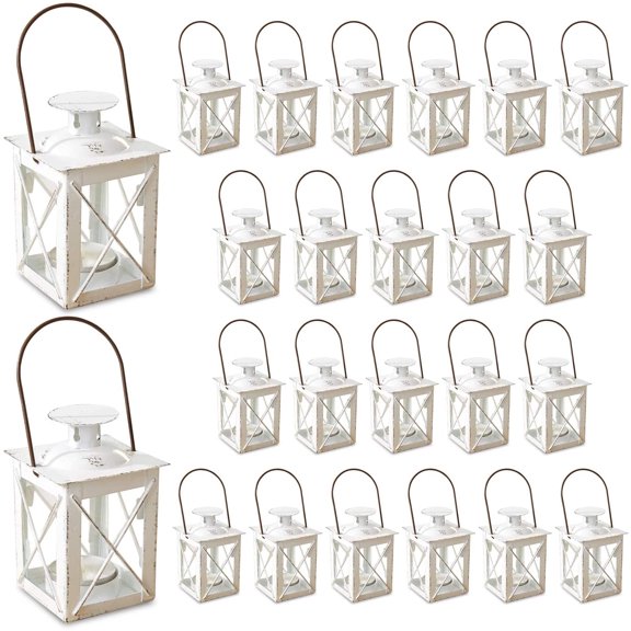 Kate Aspen Decorative Lanterns - Set of 24 - Luminous Distressed Metal Lantern Candle Holders for Wedding, Home Decor and Party - 4.5" H (6.5" H with Handle) – White