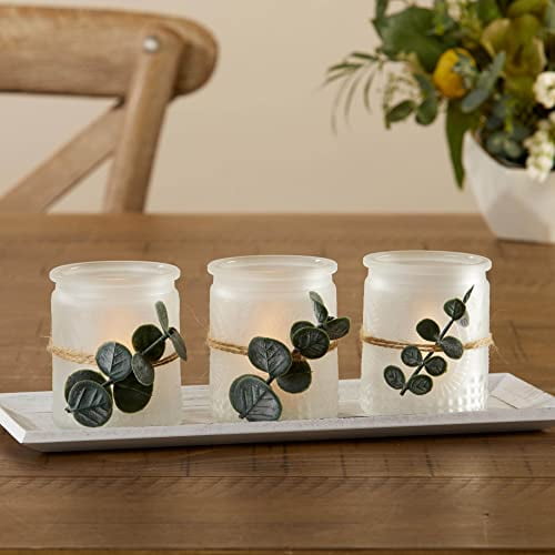 Kate Aspen Frosted Glass Votive Candle Holders \u0026 Tray Set, Farmhouse Decor, Shelf Decor, Room Decoration Accent, Table Decor, Set of 3 with Tray (00234NA)