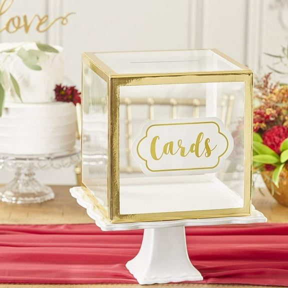 Kate Aspen Gold Frame Collapsible Acrylic Gift Card Box, Decoration Box for Wedding, Bridal Shower Party (10"x10"x10") with 5 Inches Slot