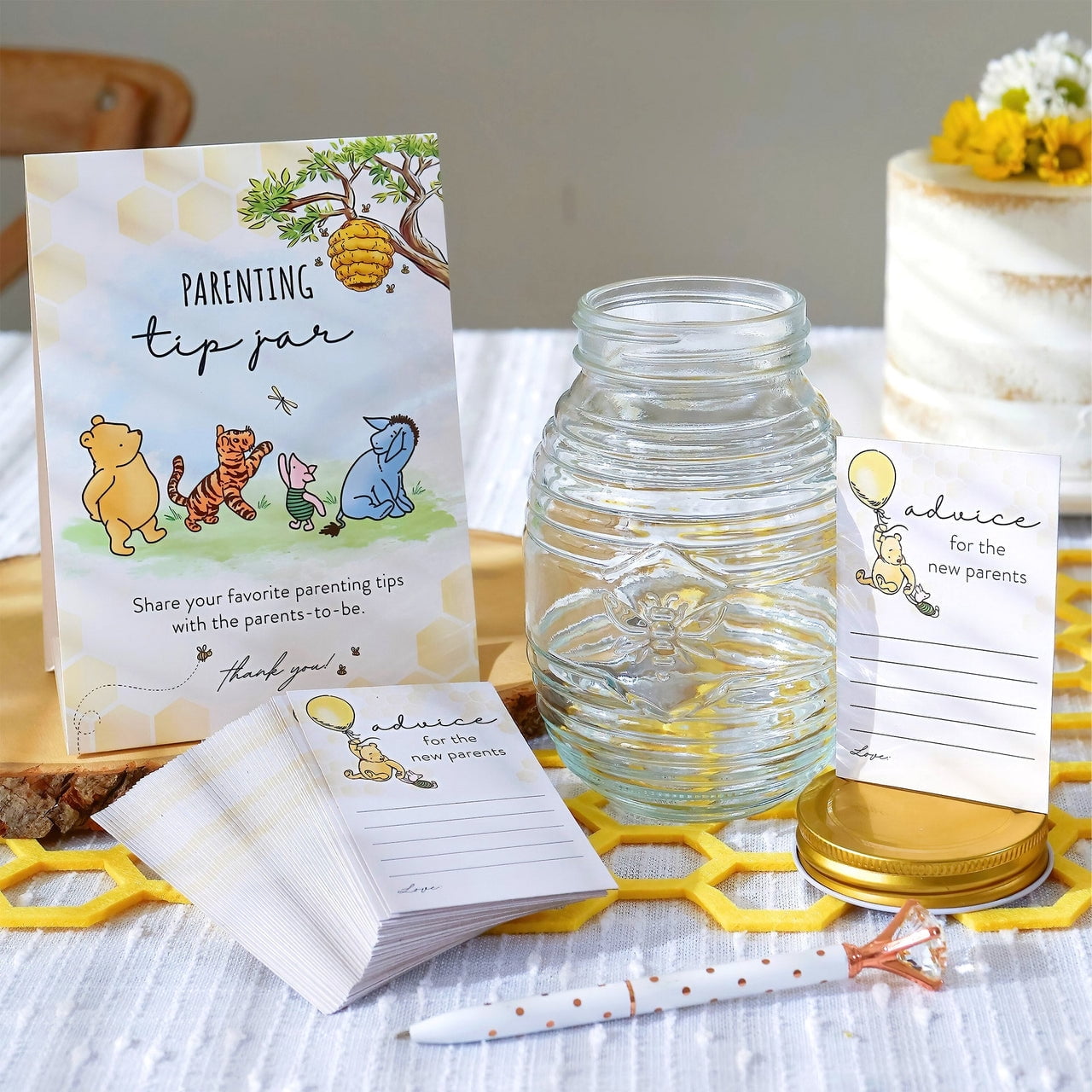 Kate Aspen Honey Bear Parenting Tip Jar For Baby Shower Game & Activity, Advice Cards & Bee Hive Shaped Jar with Lid, Nursery and Baby Shower Decoration