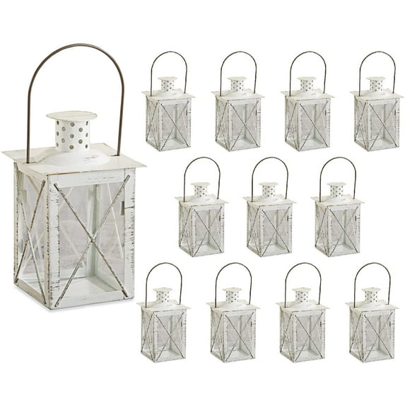 Kate Aspen Medium Decorative Lanterns - Set of 12 - Luminous Distressed White Metal Lantern Candle Holders Centerpieces for Wedding, Home Decor and Party - 6.3" H (8.9" H with Handle)