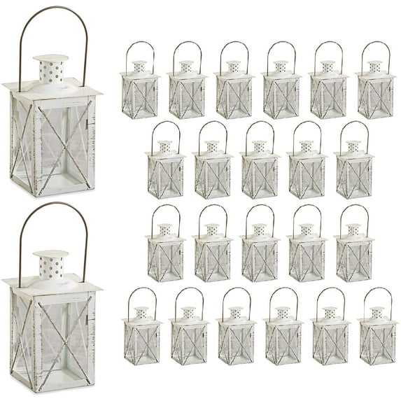 Kate Aspen Medium Decorative Lanterns - Set of 24 - Luminous Distressed White Metal Lantern Candle Holders Centerpieces for Wedding, Home Decor and Party - 6.3" H (8.9" H with Handle)