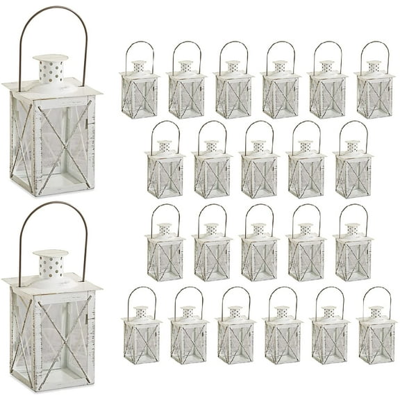 Kate Aspen Medium Decorative Lanterns - Set of 24 - Luminous Distressed White Metal Lantern Candle Holders Centerpieces for Wedding, Home Decor and Party - 6.3" H (8.9" H with Handle)