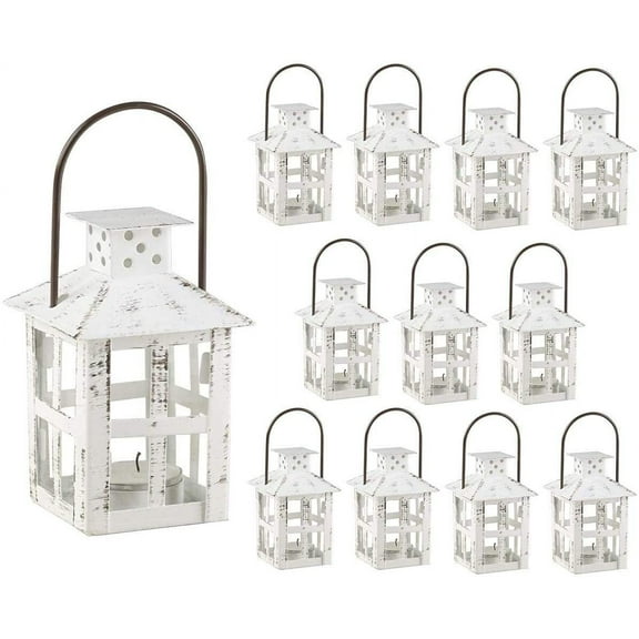 Kate Aspen Mini Decorative Lanterns - Set of 12 - Vintage Metal Lantern Candle Holders for Wedding Centerpiece, Home Decor and Party Favor (White)