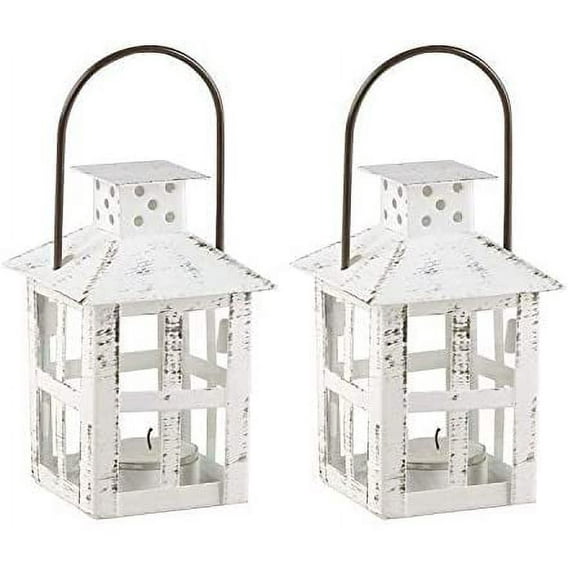 Kate Aspen Mini Decorative Lanterns - Set of 2 - Vintage Metal Lantern Candle Holders for Wedding Centerpiece, Home Decor and Party Favor (White)