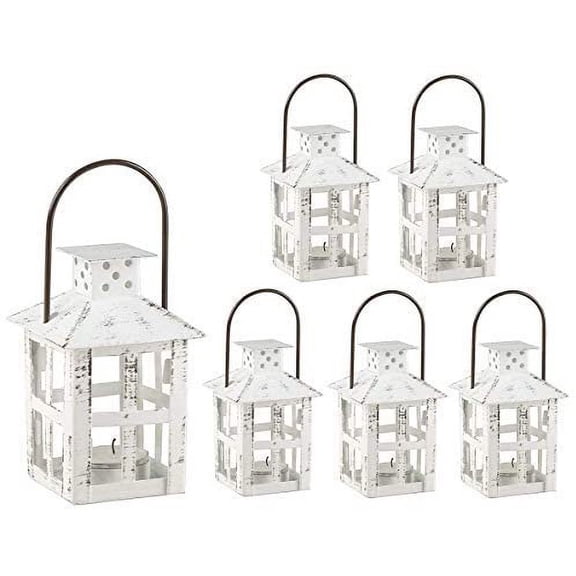 Kate Aspen Mini Decorative Lanterns - Set of 6 - Vintage Metal Lantern Candle Holders for Wedding Centerpiece, Home Decor and Party Favor (White)