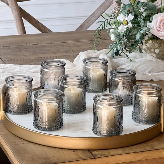 Kate Aspen Smoke Gray Vintage Glass Tealight Votive Candle Holders with Fleur-de-lis Design, Set of 8 - Perfect for Farmhouse Room & Shelf Decor