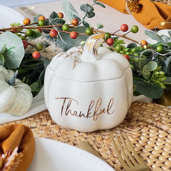 Kate Aspen Thankful White Pumpkin Bowl - Ceramic Decorative Pumpkin Decor Candy Dish With Lid, Fall Candy Dish, Thanksgiving Bowl, Fall Decorations for Home, Kitchen Decor, Thanksgiving Decorations