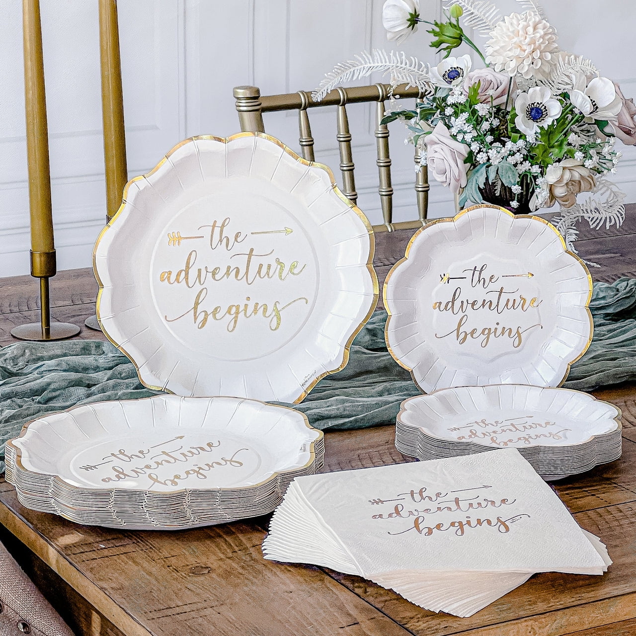 Elegant White and Gold Paper Party Tableware Set for 24 Guests