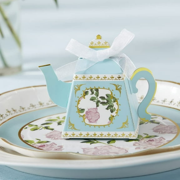 Kate Aspen, Vintage Floral Tea Party Collection, Teapot Tea Party Favor Box, One Size, Blue & Gold Foil (28592NA), Teapot Favor Box with Gold Foil (Set of 24)