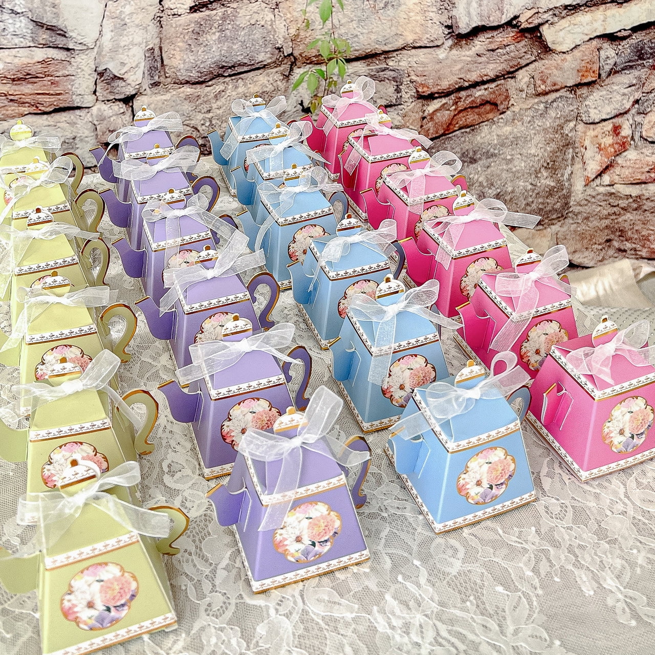 Kate Aspen Vintage Floral Tea Pot Shaped Tea Party Favor Boxes (Set of 24  Assorted Colors) - Weddings Favors, Bridal Showers Brunches, Baby Showers 