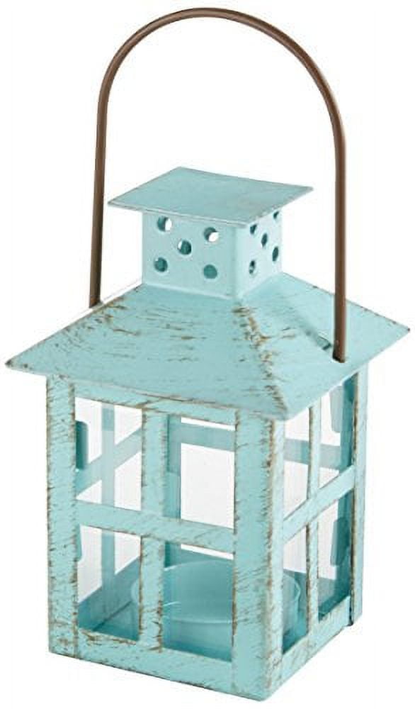 Distressed Blue Iron and Glass Tabletop Candle Lantern