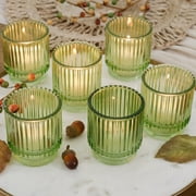 Kate Aspen Vintage Ribbed Glass Candle Holder Decor, Green Votive Candle Holders for Holiday Table Decor, Tealight Candles Holder Glass (Set of 6), Dinning & Christmas Table Decoration Tablescape