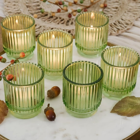 Kate Aspen Vintage Ribbed Glass Candle Holder Decor, Green Votive Candle Holders for Holiday Table Decor, Tealight Candles Holder Glass (Set of 6), Dinning & Christmas Table Decoration Tablescape