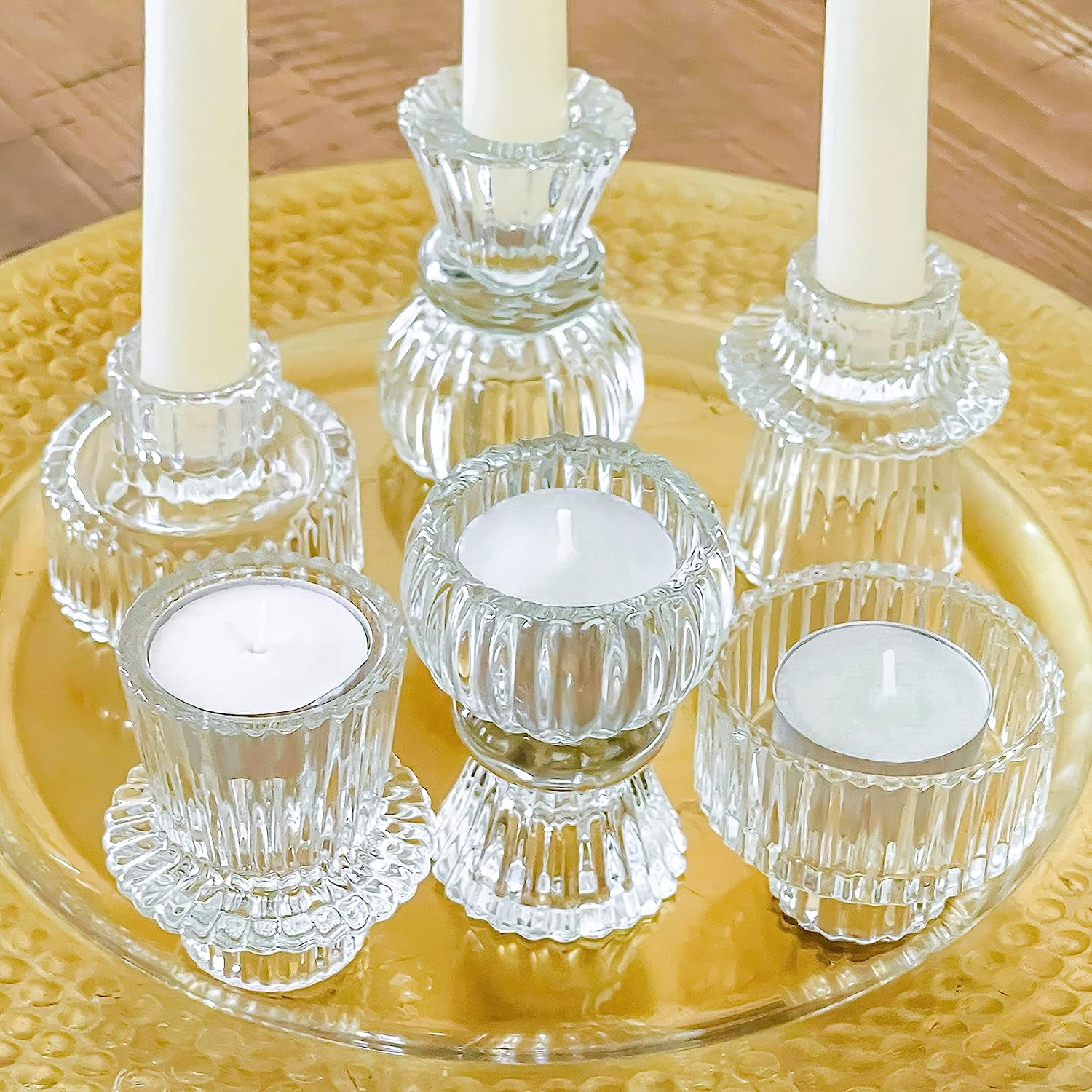 Kate Aspen Vintage Ribbed Glass Clear Candlestick Holders, Pillar Candle, Tealight & Votive Candle Holders (Set of 6, 3 Assorted Sizes), Dining Table Decor, Shelf Decor, Centerpiece