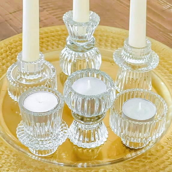 Kate Aspen Vintage Ribbed Glass Clear Candlestick Holders, Pillar Candle, Tealight & Votive Candle Holders (Set of 6, 3 Assorted Sizes), Dining Table Decor, Shelf Decor, Centerpiece
