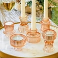 thumbnail image 1 of Kate Aspen Vintage Ribbed Rose Gold Pink Glass Candlestick Holders, Pillar Candle, Tealight & Votive Candle Holders (Set of 6, 3 Assorted Sizes), Dining Table Decor, Shelf Decor, Centerpiece, 1 of 7