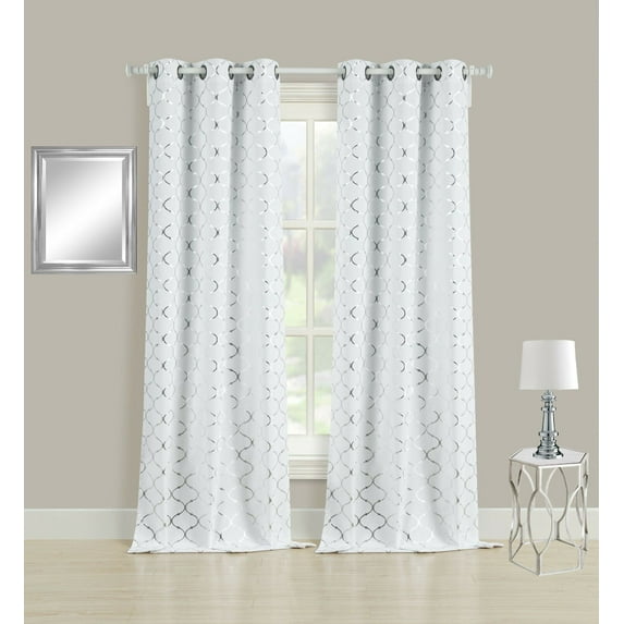 Kate Aurora 2 Pack Cotton Blend Shabby Metallic Quatrefoil Lattice Ultra Luxurious Grommet Top Window Curtain Panels - 38 in. W x 95 in. L, Silver